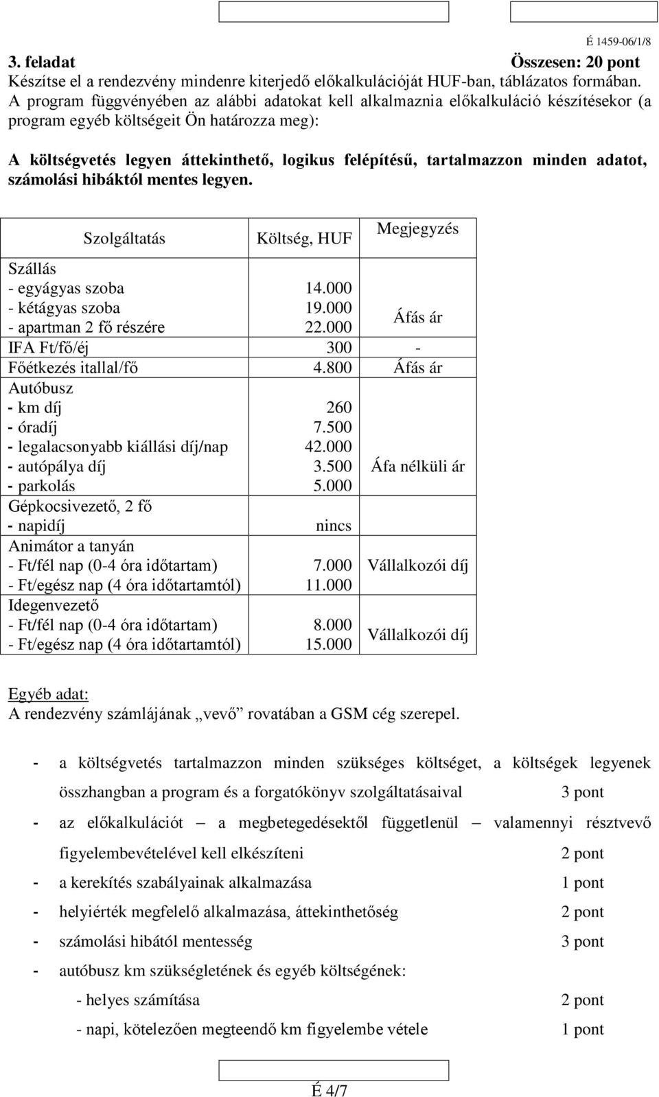 tartalmazzon minden adatot, számolási hibáktól mentes legyen. Szolgáltatás Szállás - egyágyas szoba - kétágyas szoba - apartman 2 fő részére Költség, HUF 14.000 19.000 22.