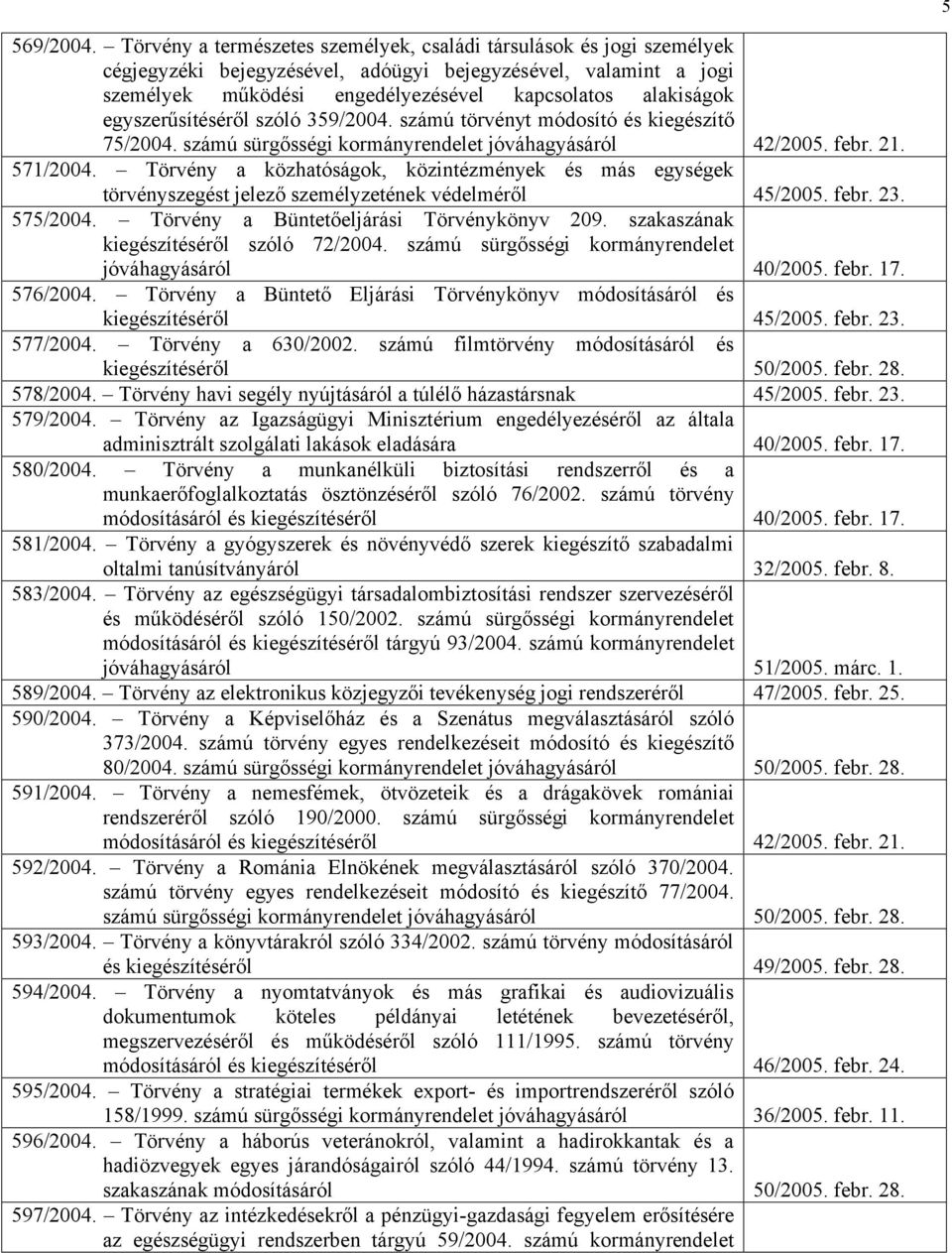 egyszerűsítéséről szóló 359/2004. számú törvényt módosító és kiegészítő 75/2004. számú sürgősségi kormányrendelet jóváhagyásáról 42/2005. febr. 21. 571/2004.