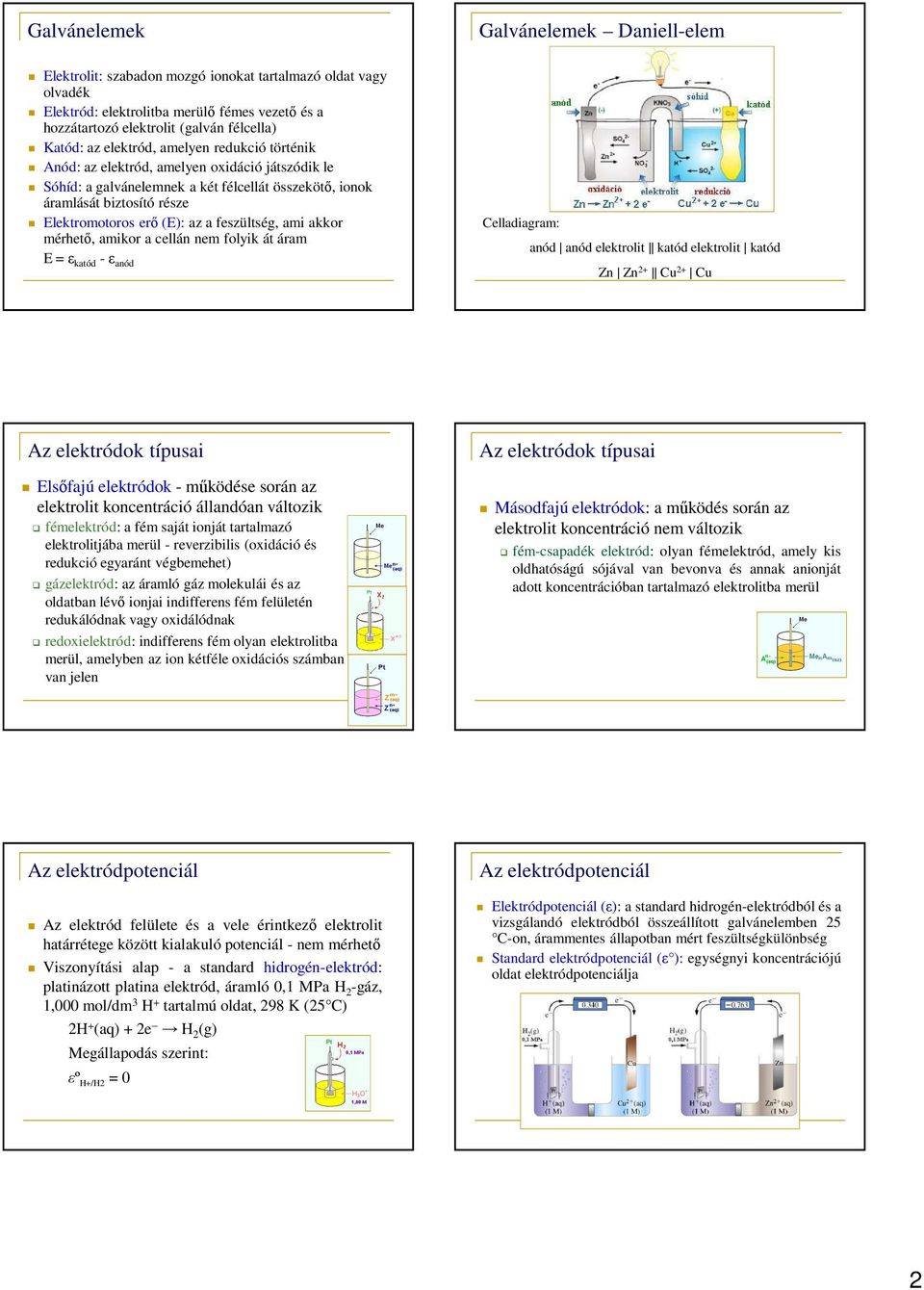 fesültség, ami akkor mérhető, amikor a cellán nem folyik át áram E = katód - anód Celladiagram: anód anód elektrolit katód elektrolit katód Zn Zn 2+ Cu 2+ Cu A elektródok típusai Elsőfajú elektródok