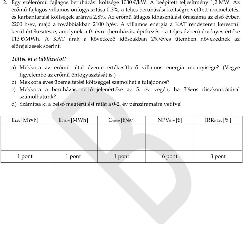 Az erőmű átlagos kihasználási óraszáma az első évben 2200 h/év, majd a továbbiakban 2100 h/év. A villamos energia a KÁT rendszeren keresztül kerül értékesítésre, amelynek a 0.