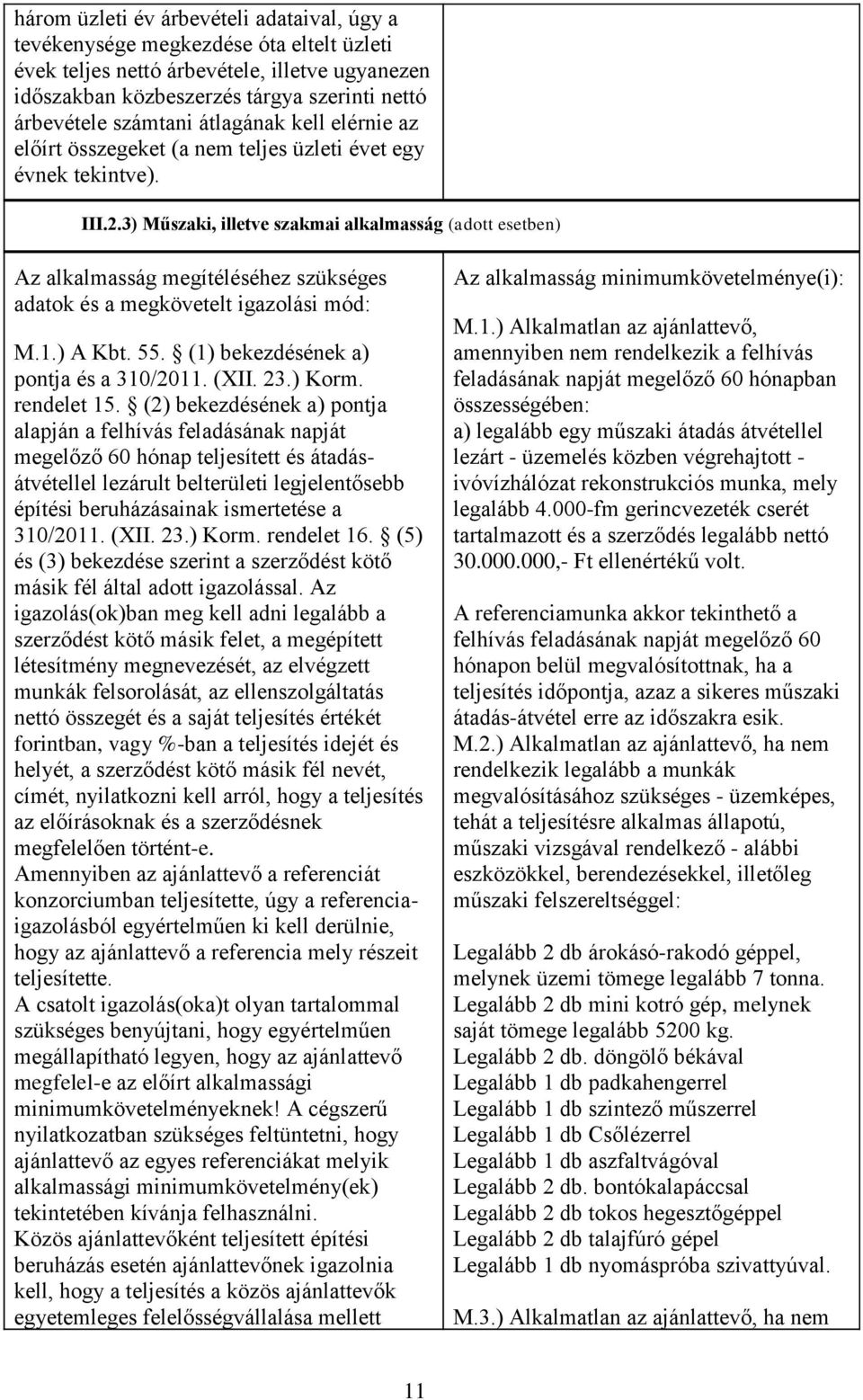 3) Műszaki, illetve szakmai alkalmasság (adott esetben) Az alkalmasság megítéléséhez szükséges adatok és a megkövetelt igazolási mód: M.1.) A Kbt. 55. (1) bekezdésének a) pontja és a 310/2011. (XII.