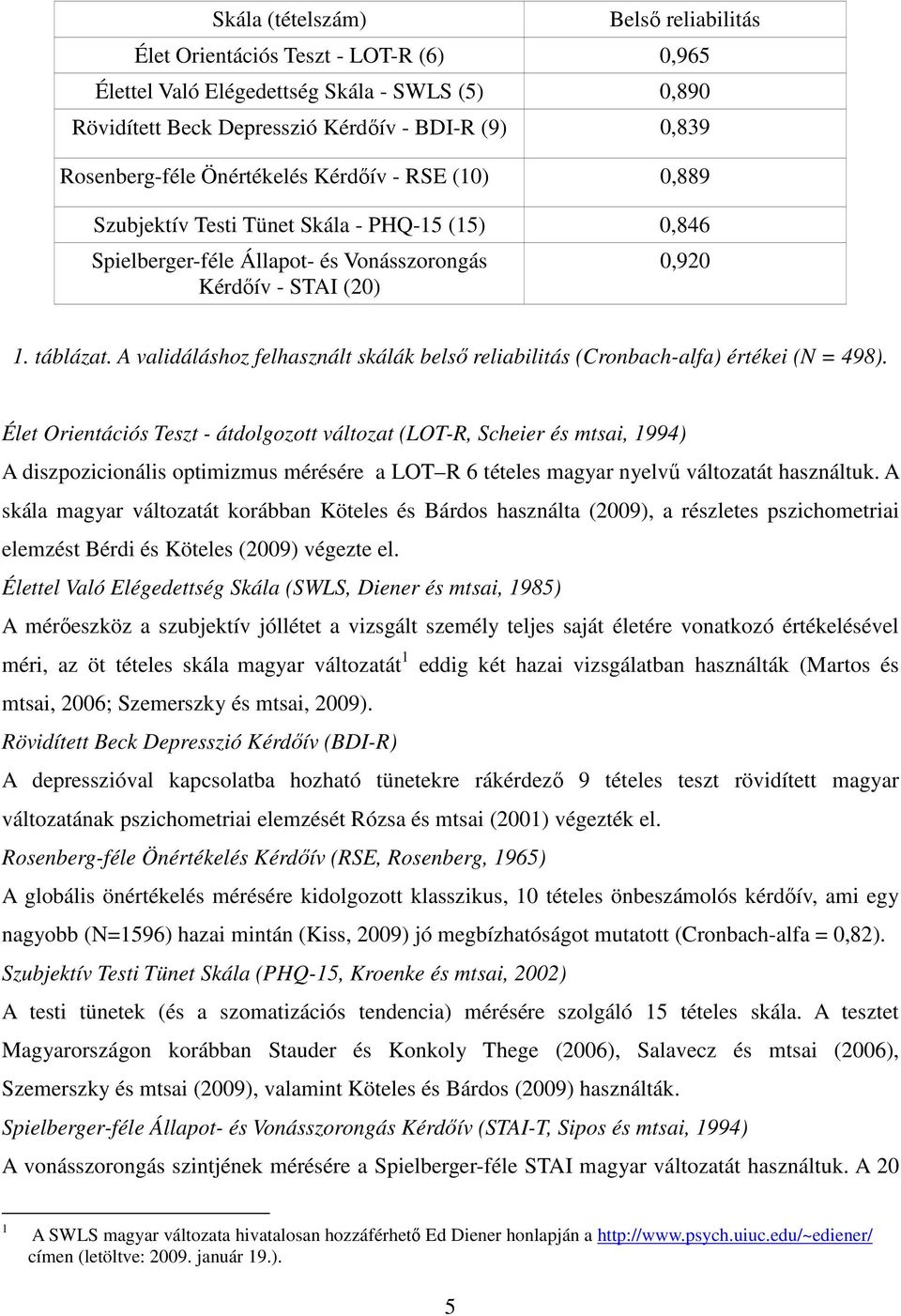 A validáláshoz felhasznált skálák belsı reliabilitás (Cronbach-alfa) értékei (N = 498).