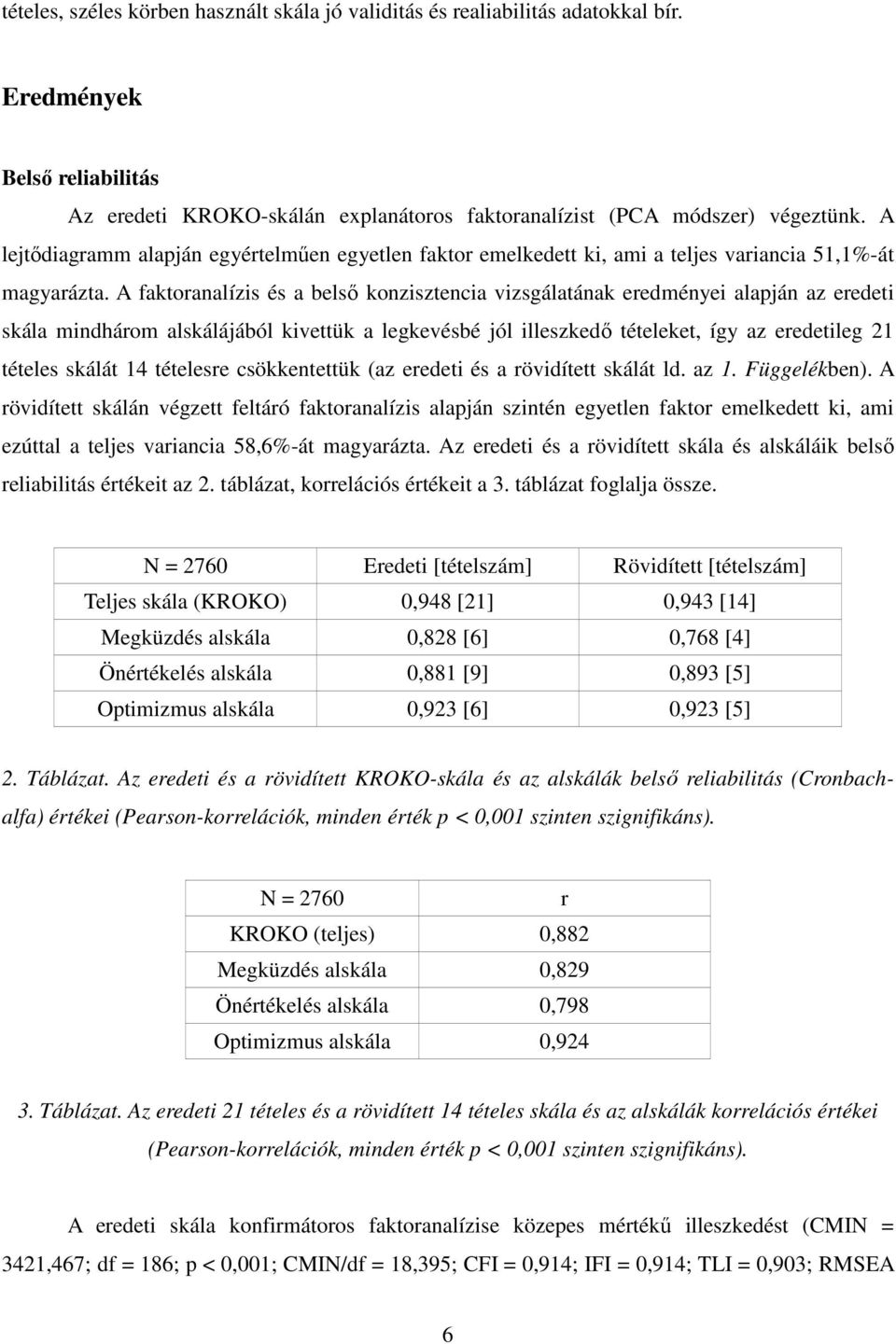 A faktoranalízis és a belsı konzisztencia vizsgálatának eredményei alapján az eredeti skála mindhárom alskálájából kivettük a legkevésbé jól illeszkedı tételeket, így az eredetileg 21 tételes skálát