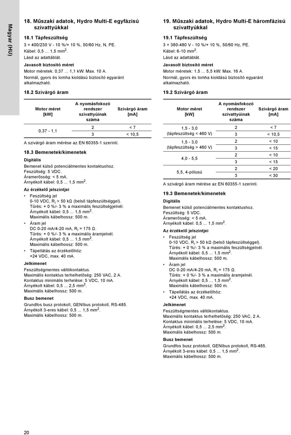 1 Tápfeszültség 3 38-48 V - 1 %/+ 1 %, 5/6 z, PE. Kábel: 6-1 mm 2. Lásd az adattáblát. Javasolt biztosító méret Motor méretek: 1,5... 5,5 kw: Max. 16 A.