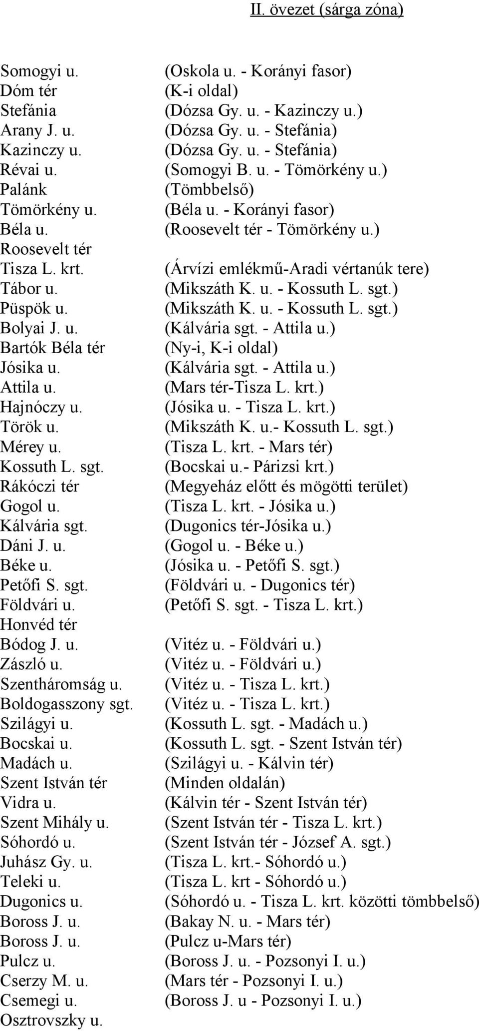 Boldogasszony sgt. Szilágyi u. Bocskai u. Madách u. Szent István tér Vidra u. Szent Mihály u. Sóhordó u. Juhász Gy. u. Teleki u. Dugonics u. Boross J. u. Boross J. u. Pulcz u. Cserzy M. u. Csemegi u.