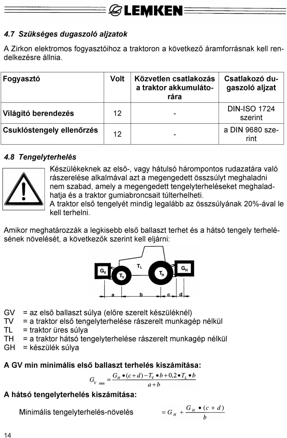 8 Tengelyterhelés Készülékeknek az első-, vagy hátulsó hárompontos rudazatára való rászerelése alkalmával azt a megengedett összsúlyt meghaladni nem szabad, amely a megengedett tengelyterheléseket