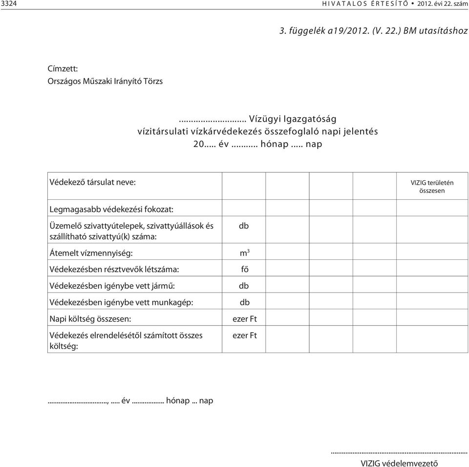 .. nap Védekezõ társulat neve: VIZIG területén összesen Legmagasabb védekezési fokozat: Üzemelõ szivattyútelepek, szivattyúállások és szállítható szivattyú(k) száma: db