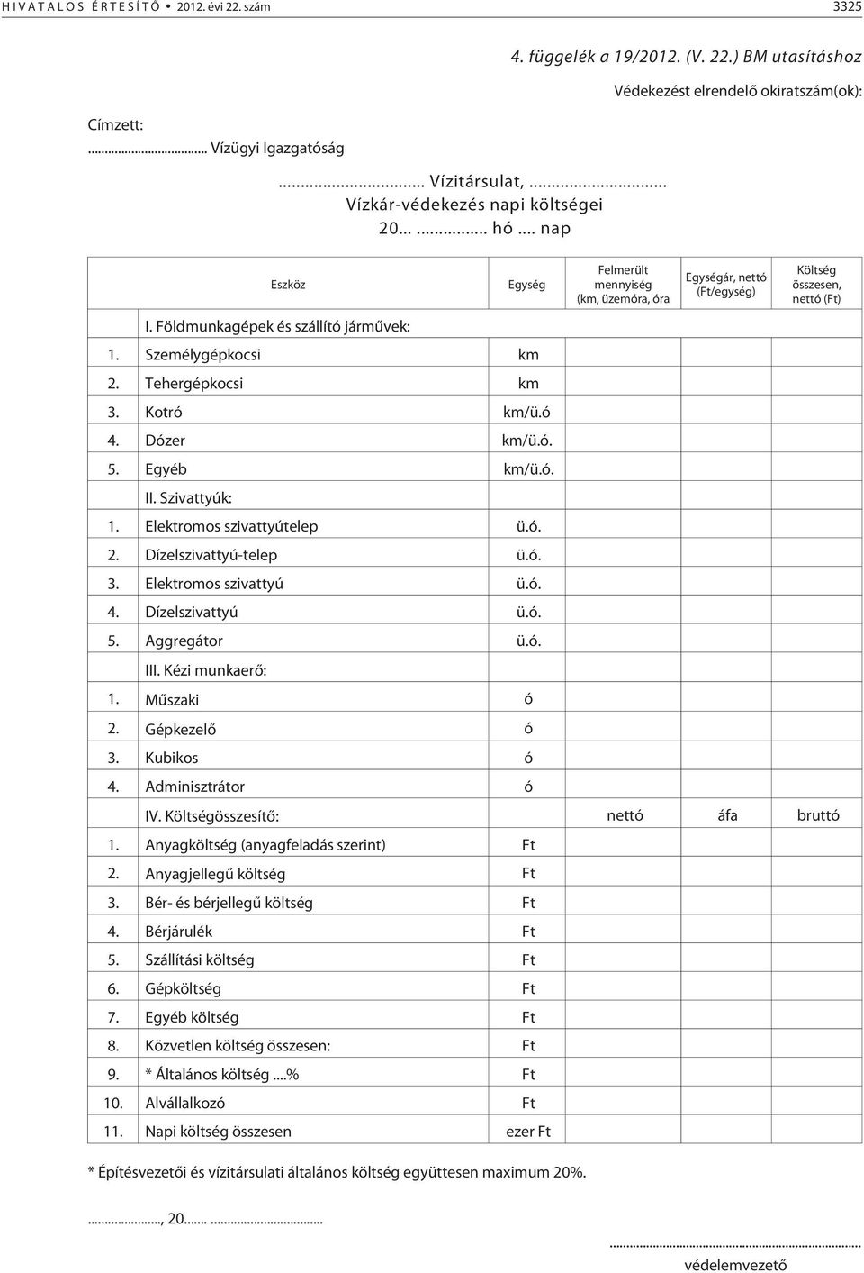 ó. 3. Elektromos szivattyú ü.ó. 4. Dízelszivattyú ü.ó. 5. Aggregátor ü.ó. III. Kézi munkaerõ: 1. Mûszaki ó 2. Gépkezelõ ó 3. Kubikos ó 4.