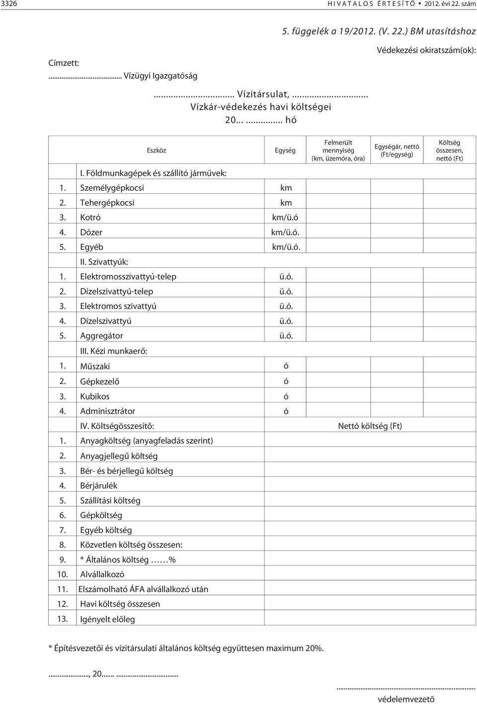 Szivattyúk: 1. Elektromosszivattyú-telep ü.ó. 2. Dízelszivattyú-telep ü.ó. 3. Elektromos szivattyú ü.ó. 4. Dízelszivattyú ü.ó. 5. Aggregátor ü.ó. III. Kézi munkaerõ: 1. Mûszaki ó 2. Gépkezelõ ó 3.