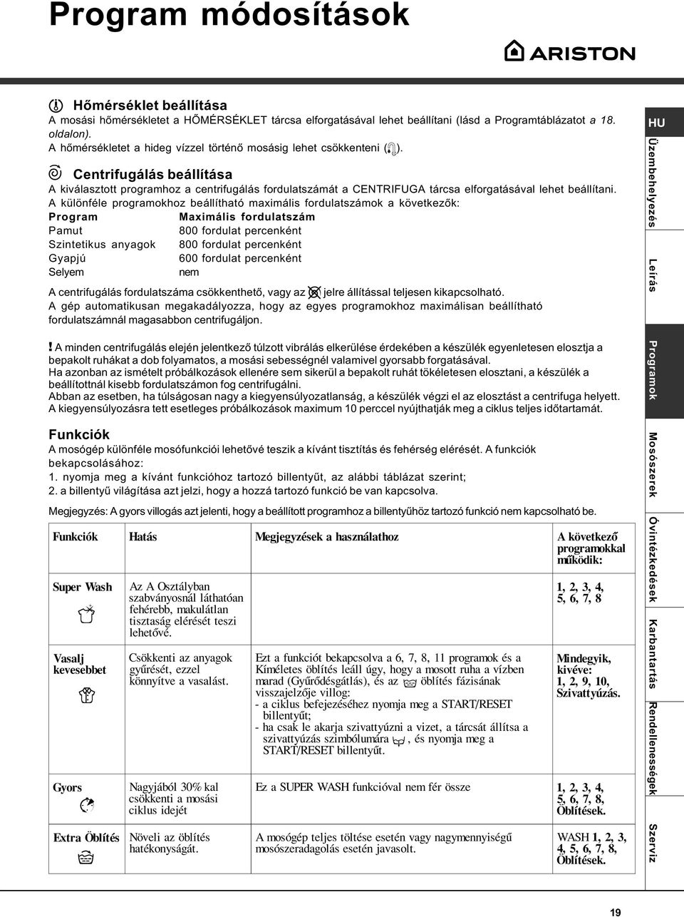 Centrifugálás beállítása A kiválasztott programhoz a centrifugálás fordulatszámát a CENTRIFUGA tárcsa elforgatásával lehet beállítani.