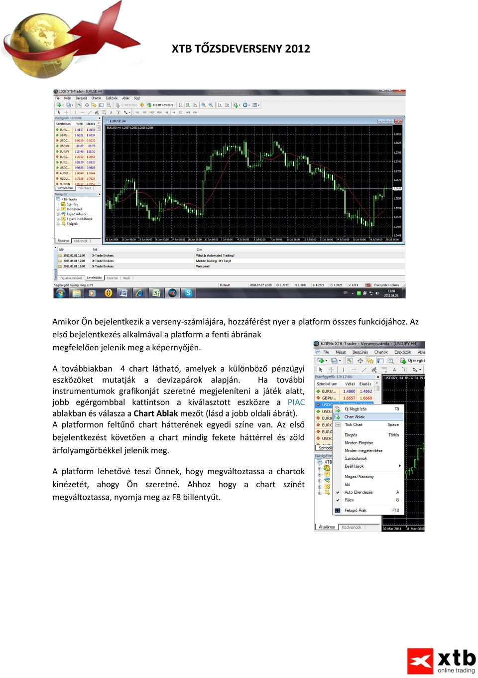 Ha további instrumentumok grafikonját szeretné megjeleníteni a játék alatt, jobb egérgombbal kattintson a kiválasztott eszközre a PIAC ablakban és válasza a Chart Ablak mezőt (lásd a jobb oldali