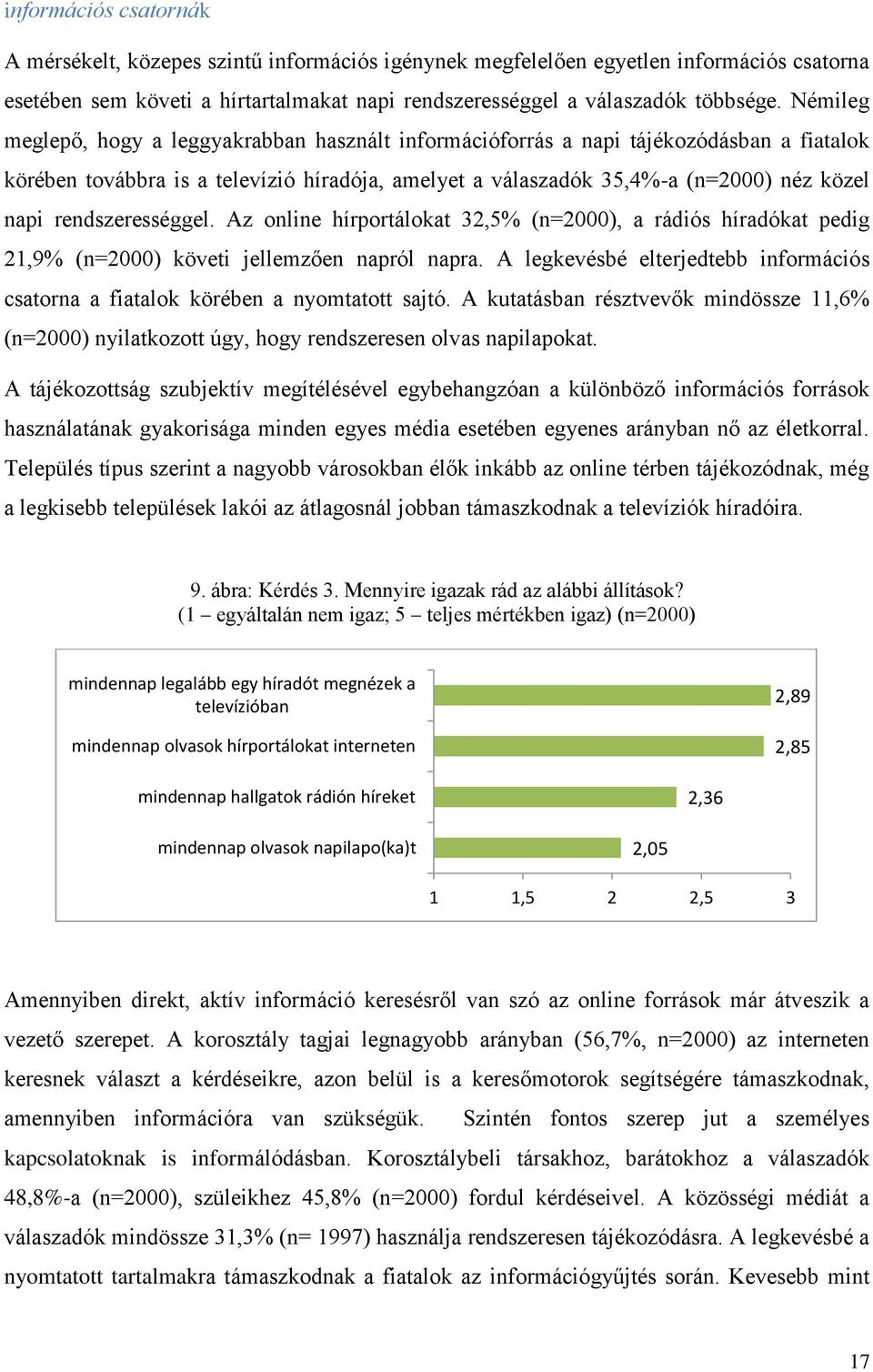 rendszerességgel. Az online hírportálokat 32,5% (n=2000), a rádiós híradókat pedig 21,9% (n=2000) követi jellemzően napról napra.