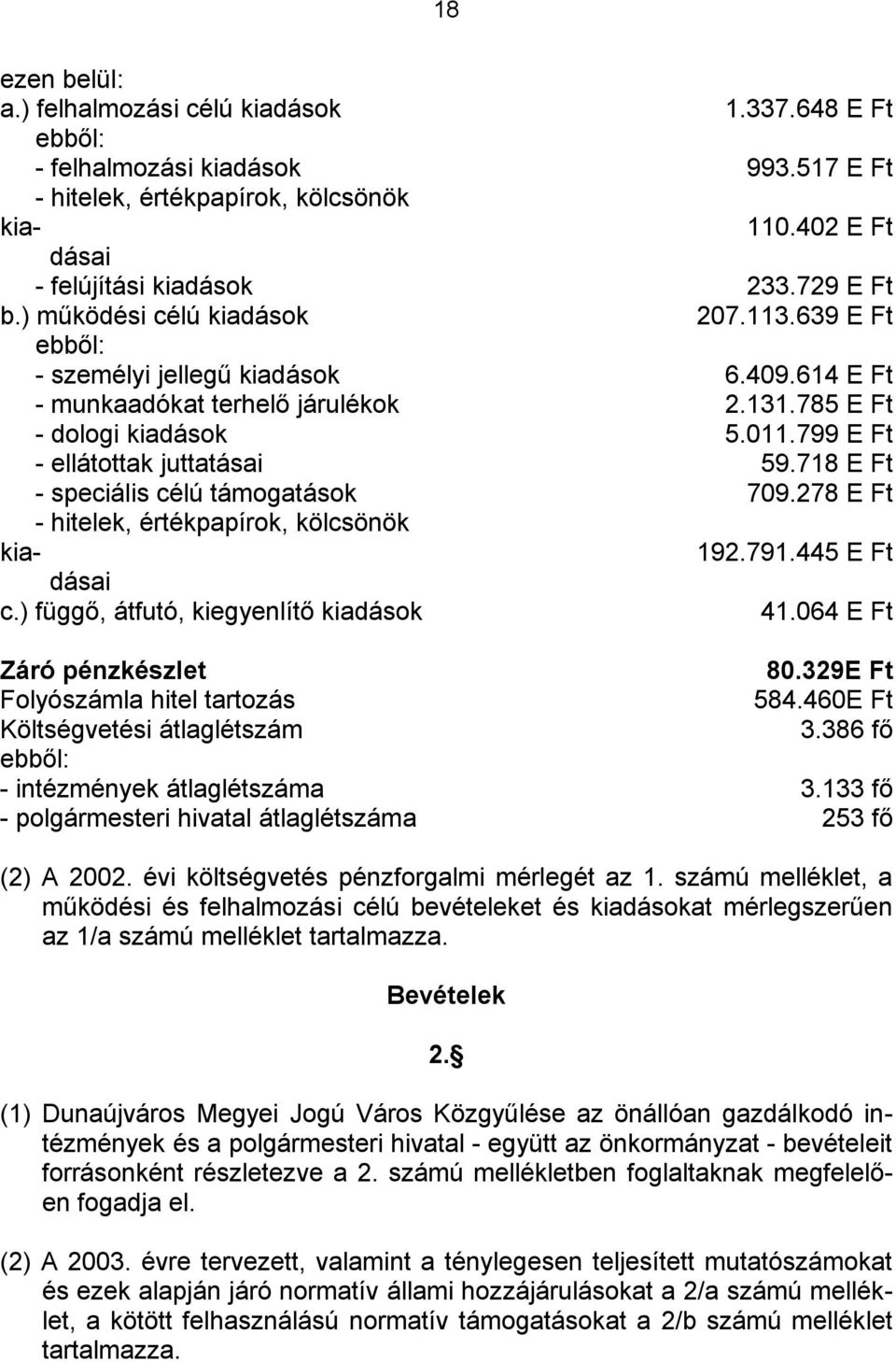 718 E Ft - speciális célú támogatások 709.278 E Ft - hitelek, értékpapírok, kölcsönök kiadásai c.) függő, átfutó, kiegyenlítő kiadások 192.791.445 E Ft 41.064 E Ft Záró pénzkészlet 80.