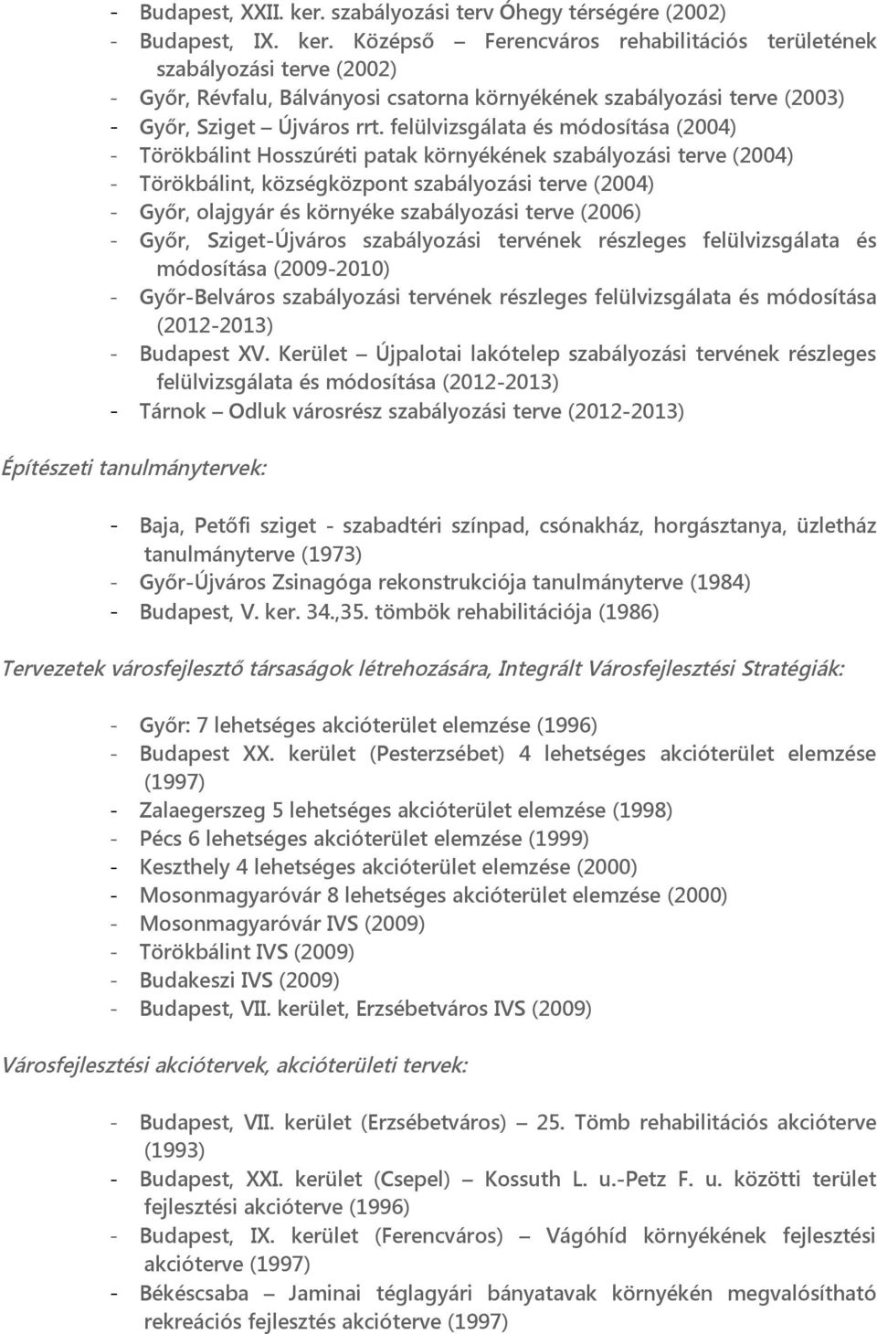 szabályozási terve (2006) - Győr, Sziget-Újváros szabályozási tervének részleges felülvizsgálata és módosítása (2009-2010) - Győr-Belváros szabályozási tervének részleges felülvizsgálata és