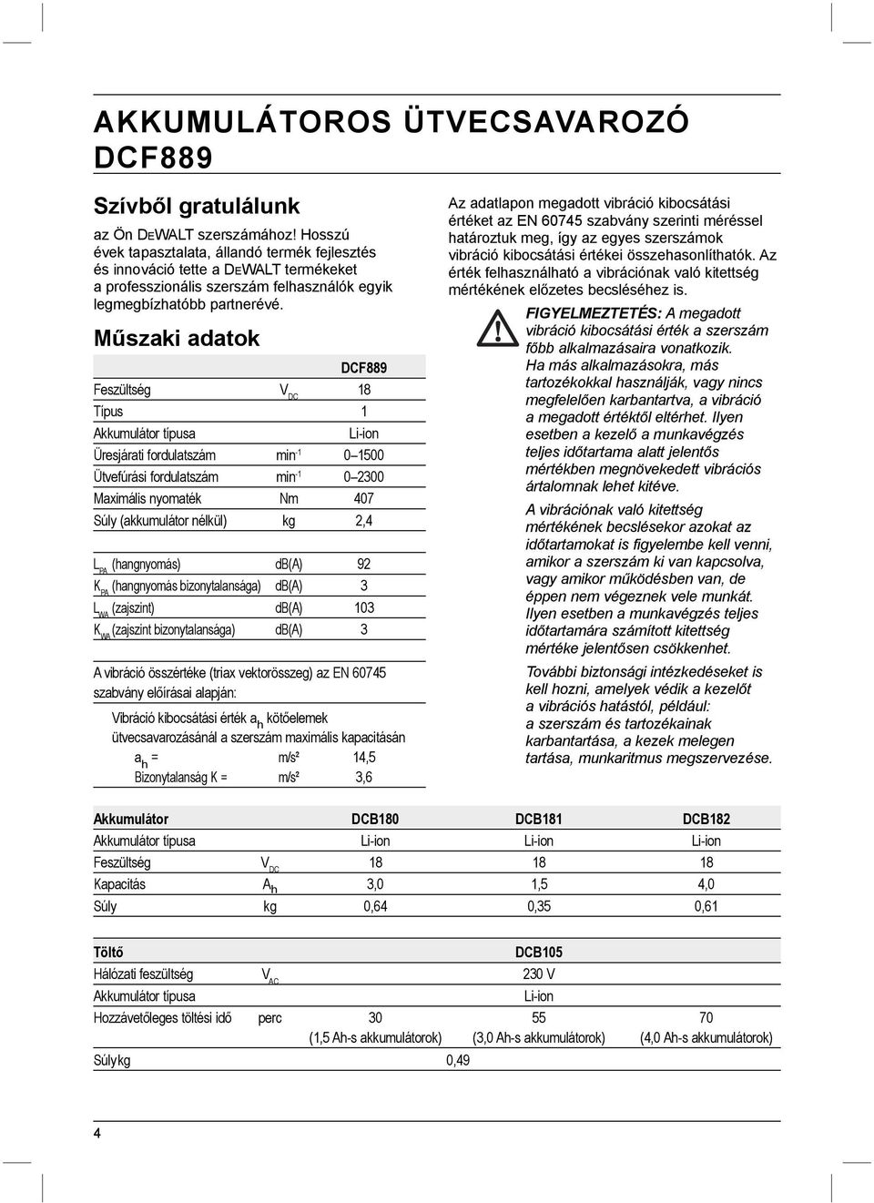 Műszaki adatok DCF889 Feszültség V DC 18 Típus 1 Akkumulátor típusa Li-ion Üresjárati fordulatszám min -1 0 1500 Ütvefúrási fordulatszám min -1 0 2300 Maximális nyomaték Nm 407 Súly (akkumulátor