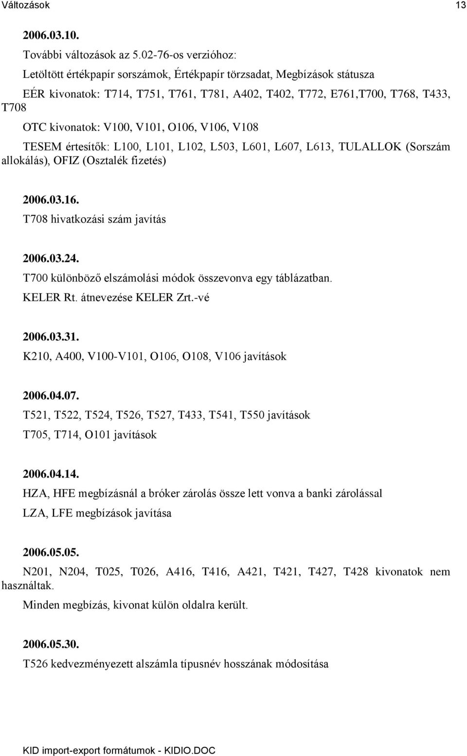 V101, O106, V106, V108 TESEM értesítők: L100, L101, L102, L503, L601, L607, L613, TULALLOK (Sorszám allokálás), OFIZ (Osztalék fizetés) 2006.03.16. T708 hivatkozási szám javítás 2006.03.24.