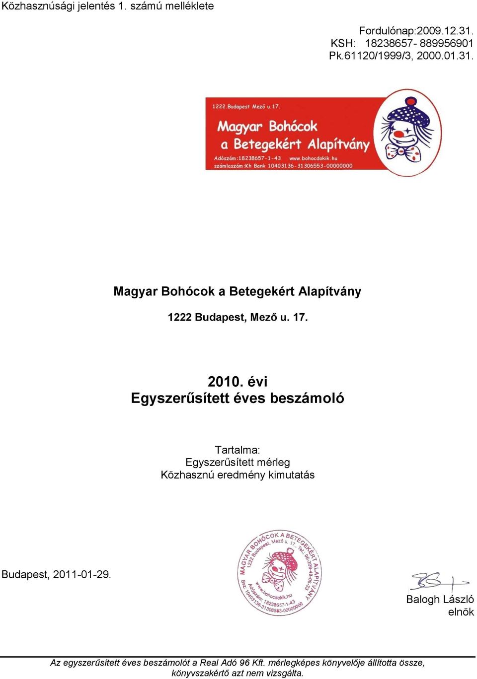 évi Egyszerűsített éves beszámoló Tartalma: Egyszerűsített mérleg Közhasznú eredmény kimutatás Budapest,