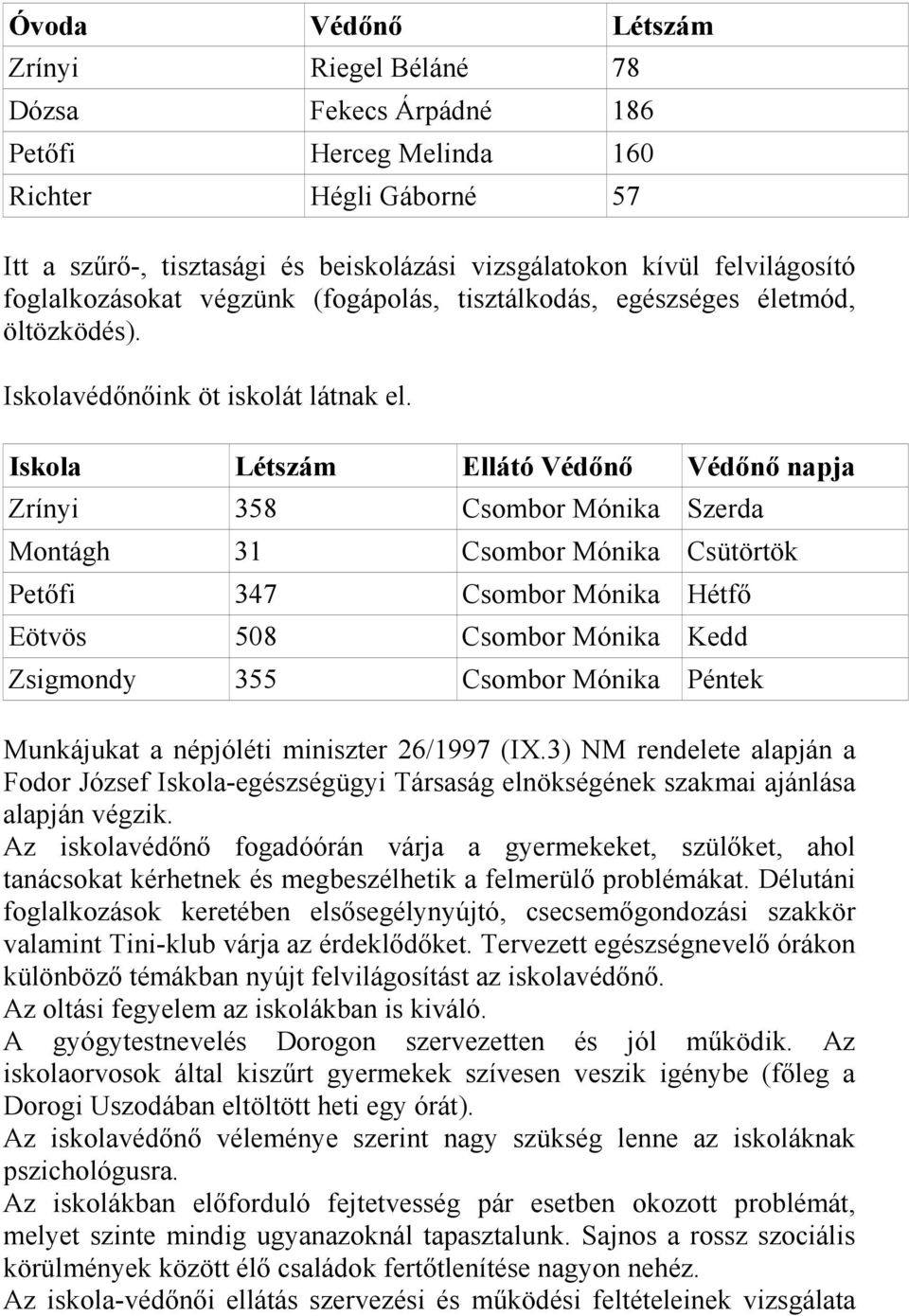 Iskola Létszám Ellátó Védőnő Védőnő napja Zrínyi 358 Csombor Mónika Szerda Montágh 31 Csombor Mónika Csütörtök Petőfi 347 Csombor Mónika Hétfő Eötvös 508 Csombor Mónika Kedd Zsigmondy 355 Csombor