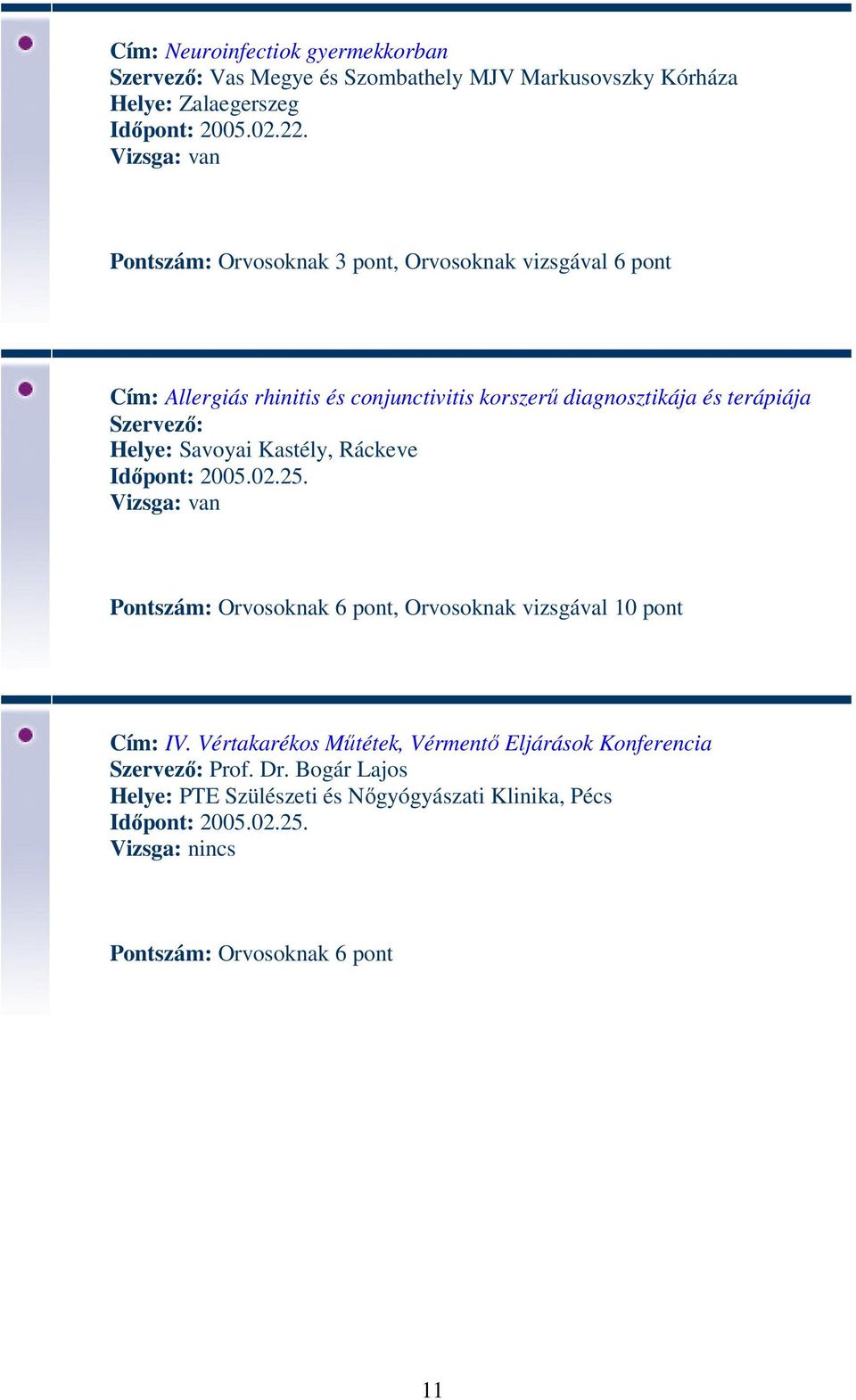 Helye: Savoyai Kastély, Ráckeve Időpont: 2005.02.25. Pontszám: Orvosoknak 6 pont, Orvosoknak vizsgával 10 pont Cím: IV.