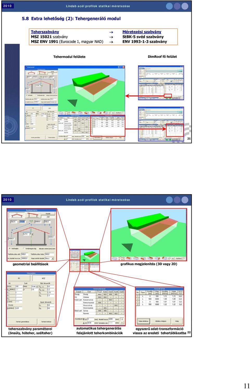 geometriai beállítások grafikus megjelenítés (3D vagy D) teherszabvány paraméterei (önsúly, hóteher, szélteher)