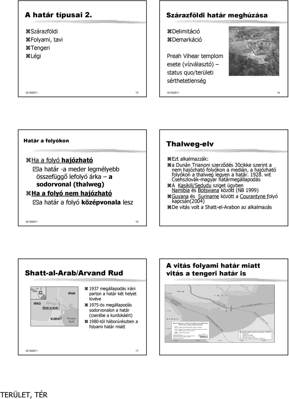 Határ a folyókon Ha a folyó hajózható a határ -a meder legmélyebb összefüggő lefolyó árka a sodorvonal (thalweg) Ha a folyó nem hajózható a határ a folyó középvonala lesz Thalweg-elv Ezt alkalmazzák: