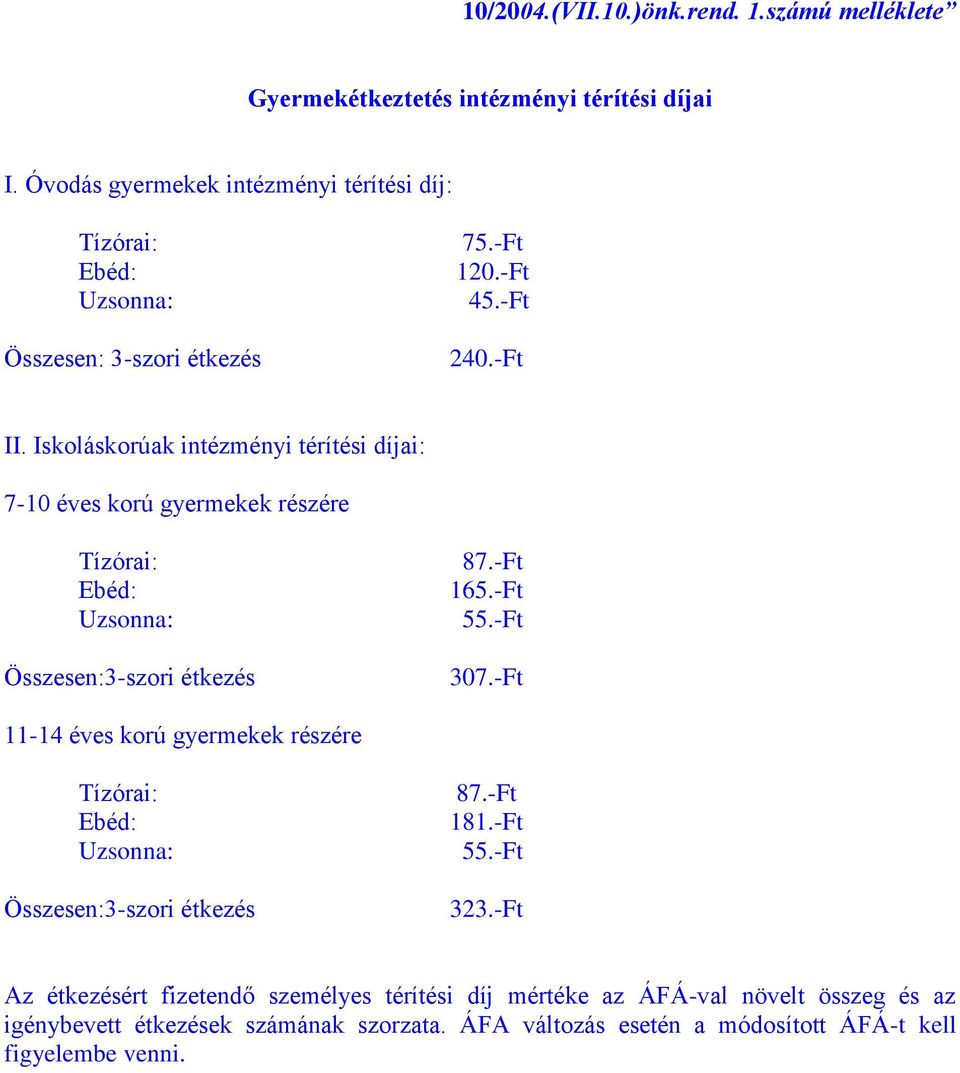 Iskoláskorúak intézményi térítési díjai: 7-10 éves korú gyermekek részére Tízórai: Ebéd: Uzsonna: Összesen:3-szori étkezés 87.-Ft 165.-Ft 55.-Ft 307.