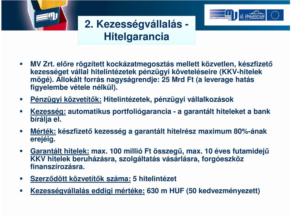 Pénzügyi közvetítők: Hitelintézetek, pénzügyi vállalkozások Kezesség: automatikus portfoliógarancia - a garantált hiteleket a bank bírálja el.