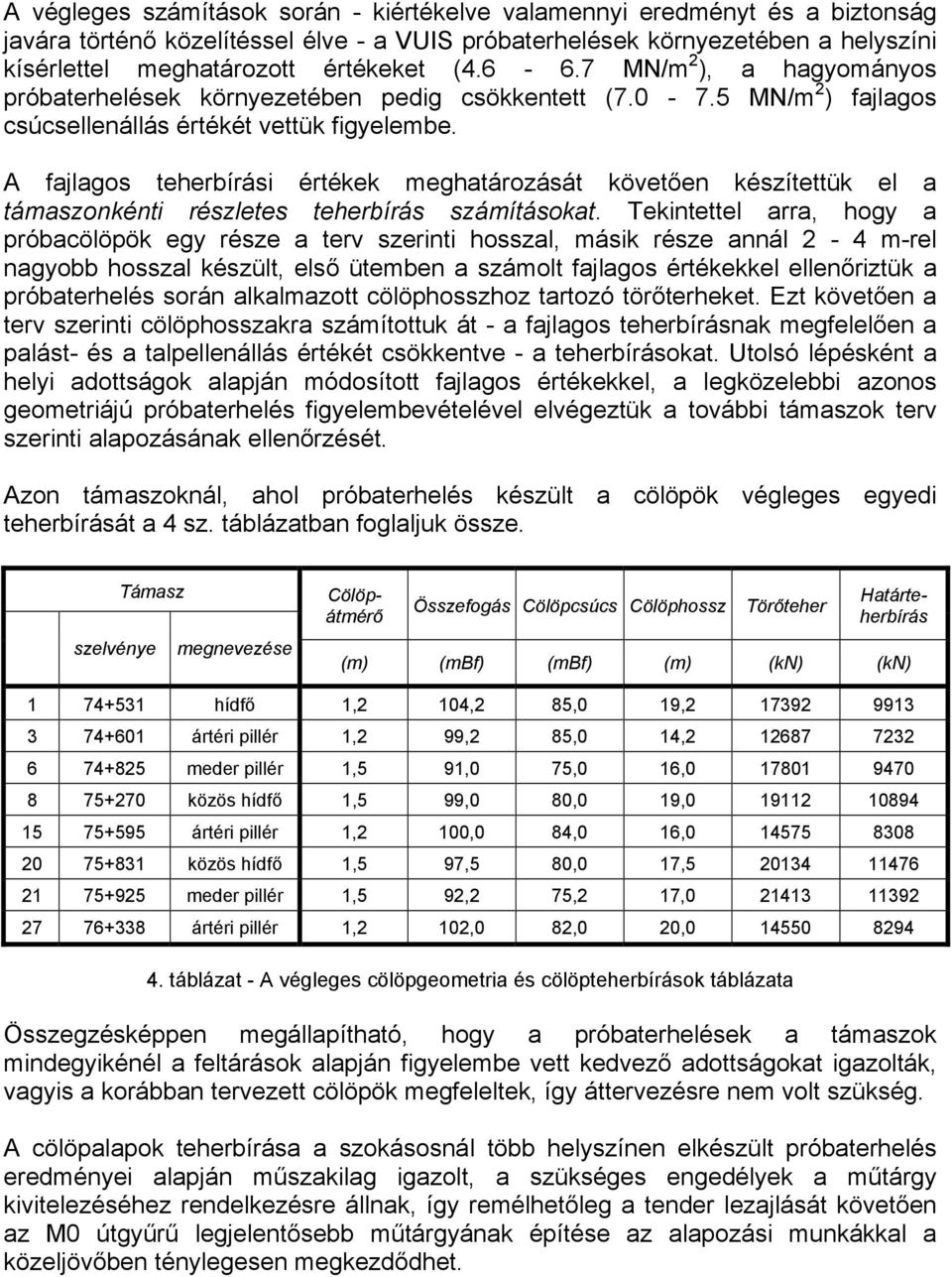 A fajlagos teherbírási értékek meghatározását követően készítettük el a támaszonkénti részletes teherbírás számításokat.