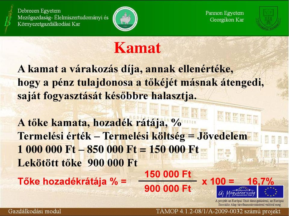 A tőke kamata, hozadék rátája, % Termelési érték Termelési költség = Jövedelem 1 000