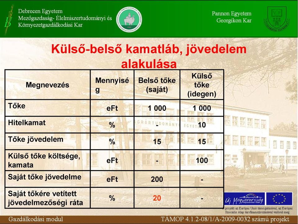 10 Tőke jövedelem % 15 15 Külső tőke költsége, kamata eft - 100 Saját