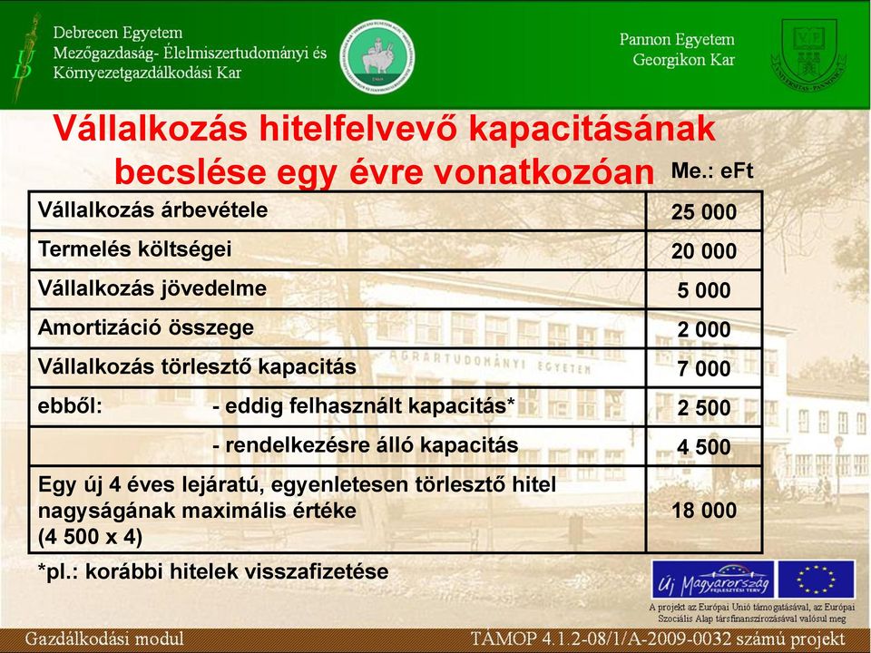 2 000 Vállalkozás törlesztő kapacitás 7 000 ebből: - eddig felhasznált kapacitás* 2 500 - rendelkezésre álló