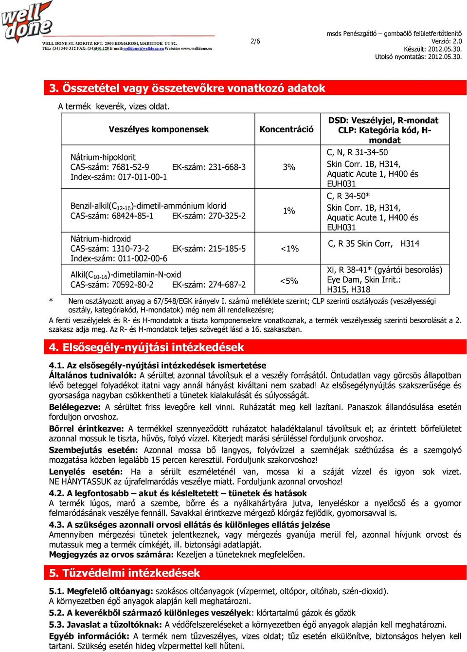 Nátrium-hidroxid CAS-szám: 1310-73-2 EK-szám: 215-185-5 Index-szám: 011-002-00-6 Alkil(C 10-16 )-dimetilamin-n-oxid CAS-szám: 70592-80-2 EK-szám: 274-687-2 Koncentráció 3% 1% <1% <5% DSD: Veszélyjel,