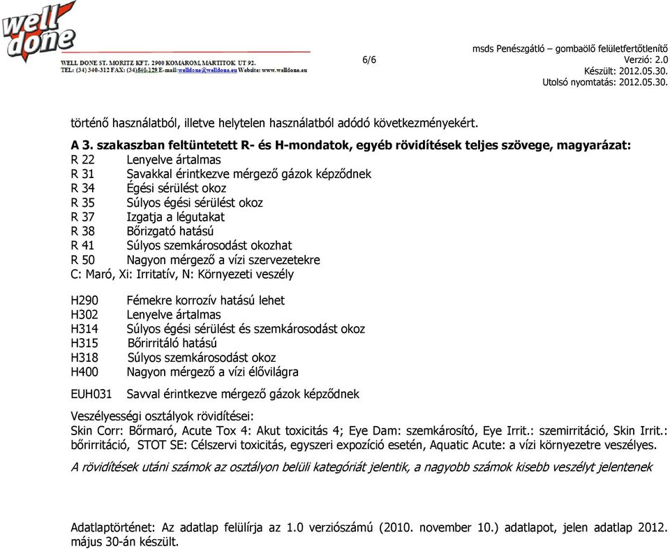 égési sérülést okoz R 37 Izgatja a légutakat R 38 Bőrizgató hatású R 41 Súlyos szemkárosodást okozhat R 50 Nagyon mérgező a vízi szervezetekre C: Maró, Xi: Irritatív, N: Környezeti veszély H290 H302