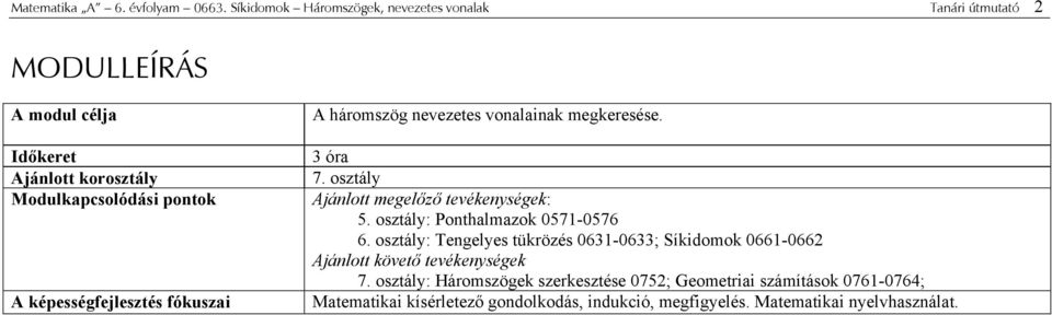 képességfejlesztés fókuszai A háromszög nevezetes vonalainak megkeresése. 3 óra 7. osztály Ajánlott megelőző tevékenységek: 5.