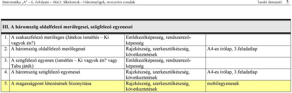 A háromszög oldalfelező merőlegesei Rajzkészség, szerkesztőkészség, következtetések 3. A szögfelező egyenes (ismétlés Ki vagyok én?