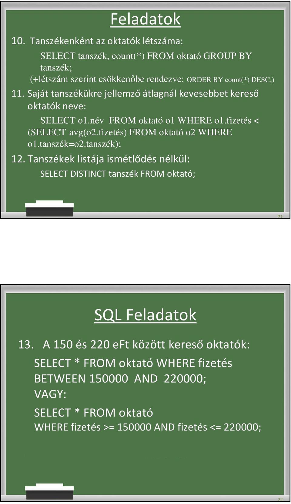 Saját tanszékükre jellemző átlagnál kevesebbet kereső oktatók neve: SELECT o1.név FROM oktató o1 WHERE o1.fizetés < (SELECT avg(o2.