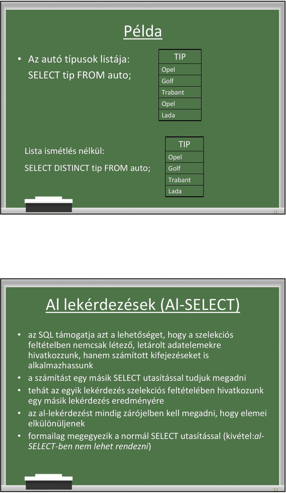 kifejezéseket is alkalmazhassunk a számítást egy másik SELECT utasítással tudjuk megadni tehát az egyik lekérdezés szelekciós feltételében hivatkozunk egy másik lekérdezés