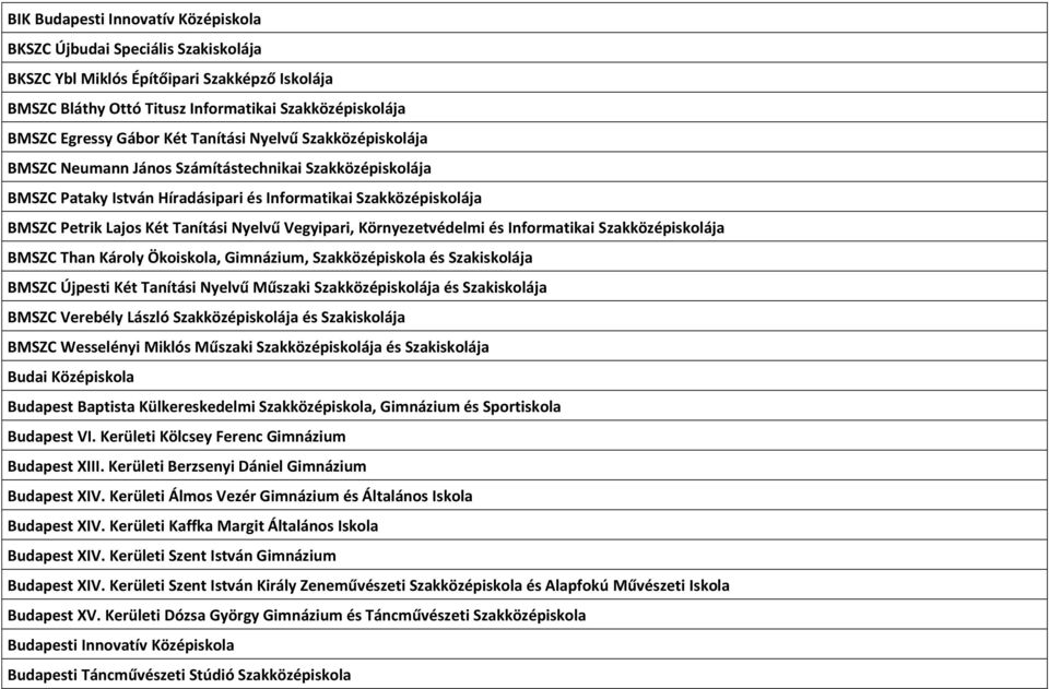 Vegyipari, Környezetvédelmi és Informatikai Szakközépiskolája BMSZC Than Károly Ökoiskola, Gimnázium, Szakközépiskola és Szakiskolája BMSZC Újpesti Két Tanítási Nyelvű Műszaki Szakközépiskolája és