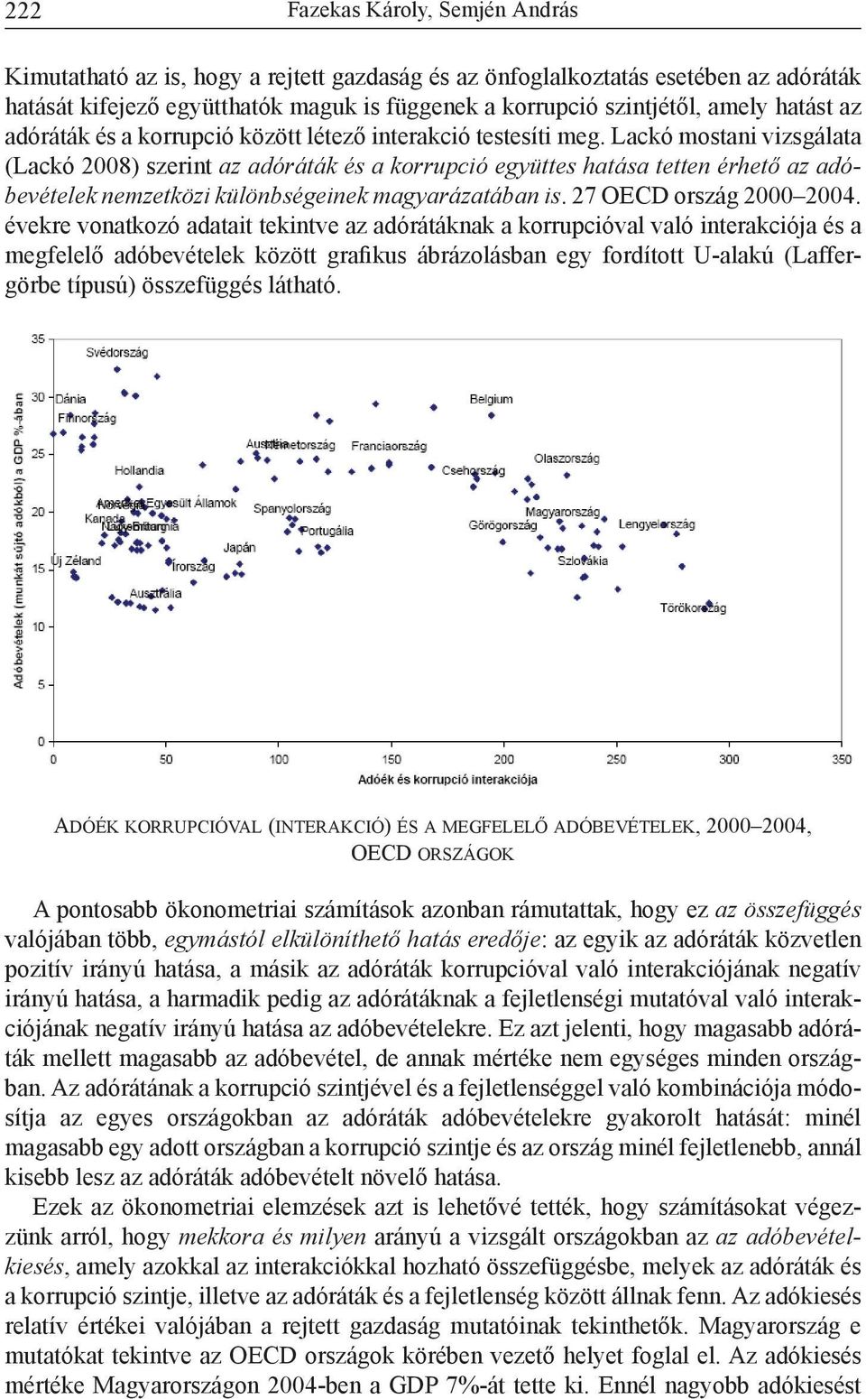 Lackó mostani vizsgálata (Lackó 2008) szerint az adóráták és a korrupció együttes hatása tetten érhető az adóbevételek nemzetközi különbségeinek magyarázatában is. 27 OECD ország 2000 2004.