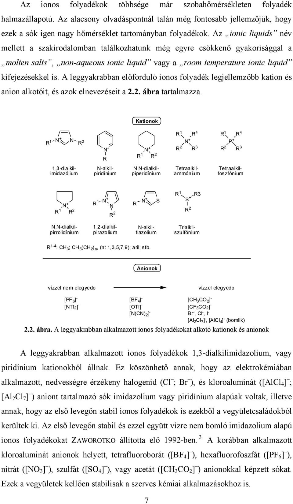 A leggyakrabban előforduló ionos folyadék legjellemzőbb kation és anion alkotóit, és azok elnevezéseit a 2.2. ábra tartalmazza.