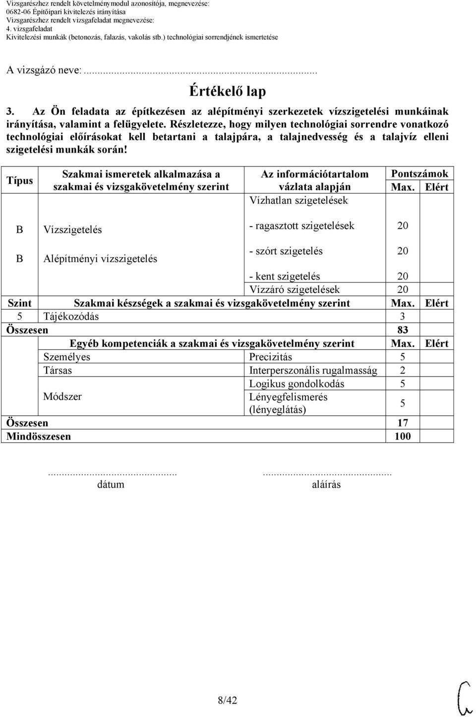 Típus Szakmai ismeretek alkalmazása a szakmai és vizsgakövetelmény szerint Az információtartalom vázlata alapján Vízhatlan szigetelések Pontszámok Max.