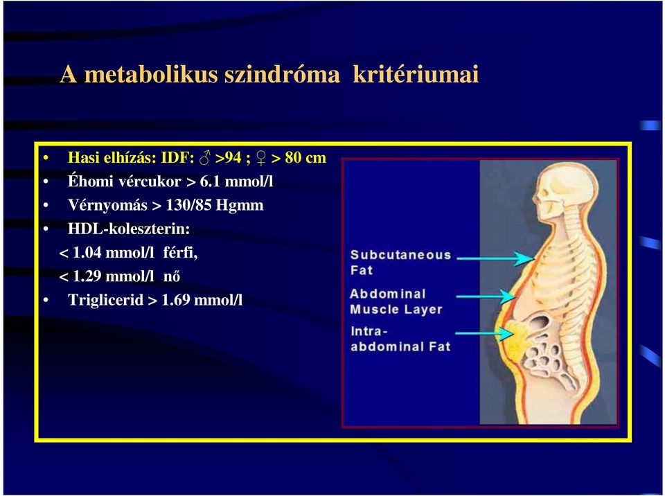 1 mmol/l Vérnyomás > 130/85 Hgmm HDL-koleszterin: