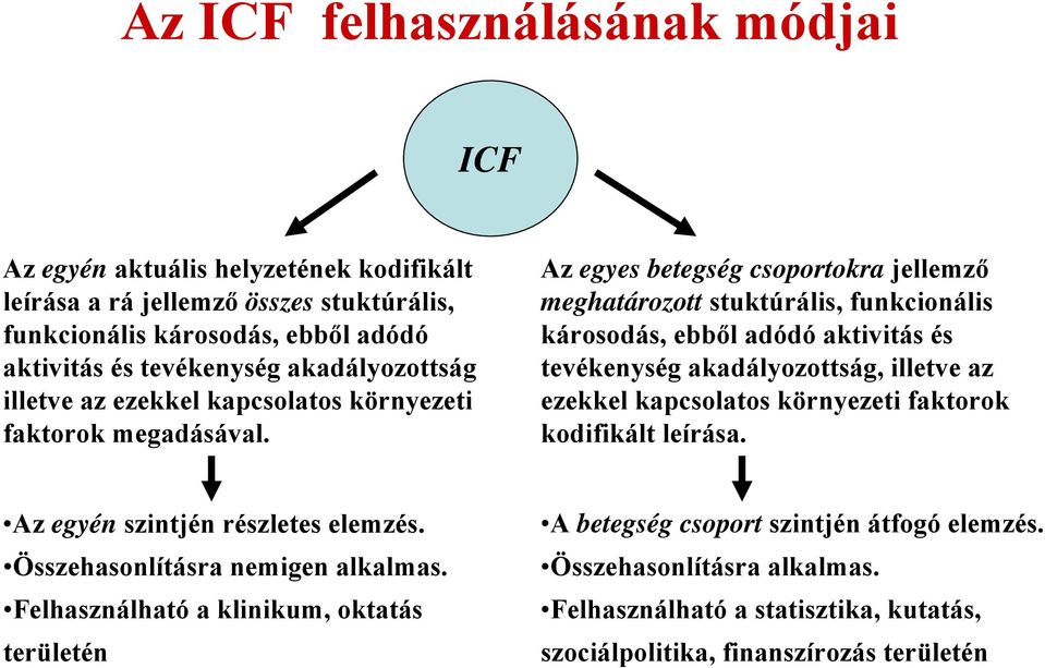 Az egyes betegség csoportokra jellemző meghatározott stuktúrális, funkcionális károsodás, ebből adódó aktivitás és tevékenység akadályozottság, illetve az ezekkel kapcsolatos környezeti