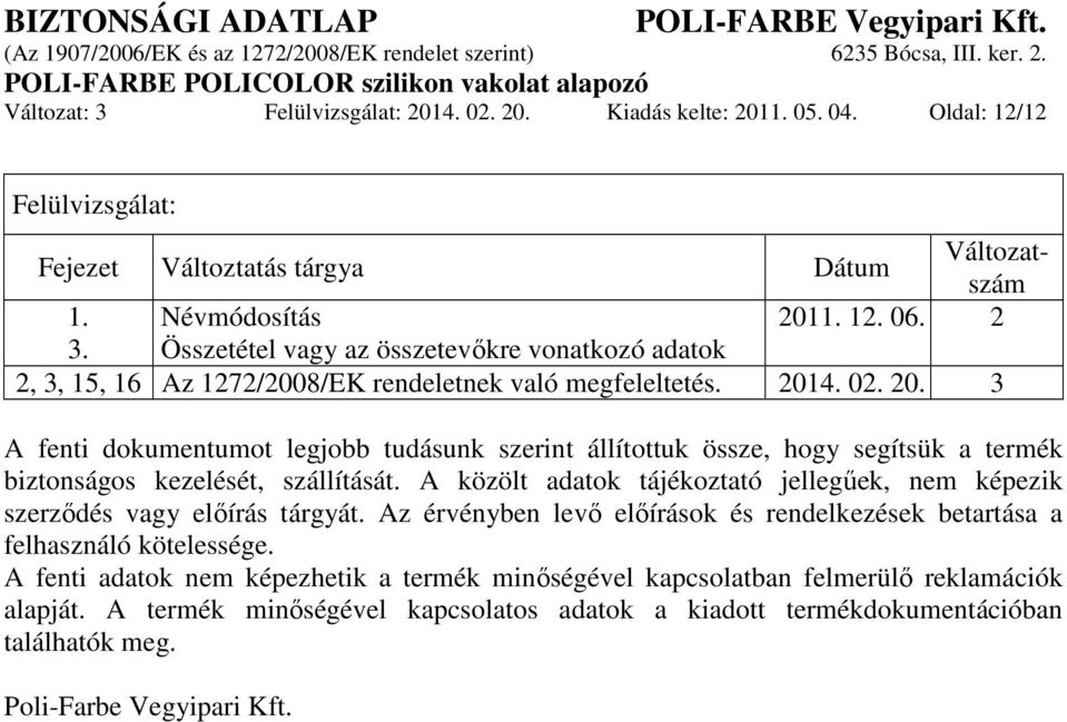 4. 02. 20. 3 A fenti dokumentumot legjobb tudásunk szerint állítottuk össze, hogy segítsük a termék biztonságos kezelését, szállítását.