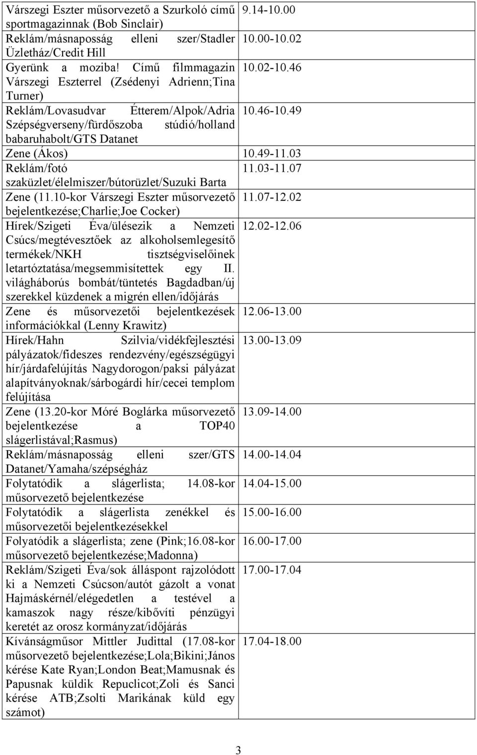 03 Reklám/fotó 11.03-11.07 szaküzlet/élelmiszer/bútorüzlet/suzuki Barta Zene (11.10-kor Várszegi Eszter műsorvezető 11.07-12.