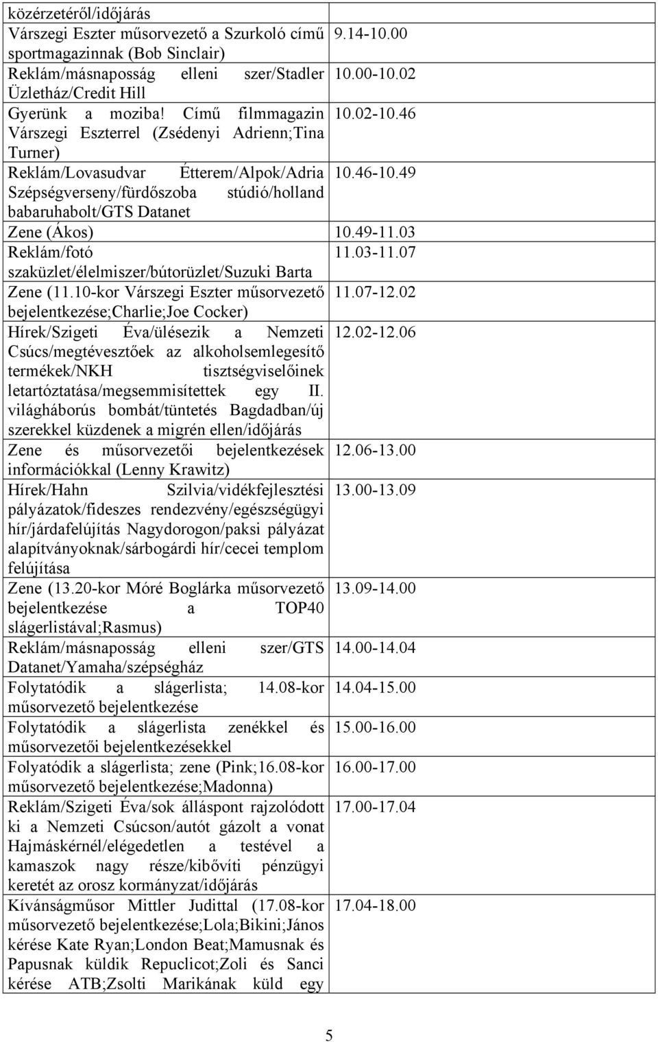 49 Szépségverseny/fürdőszoba stúdió/holland babaruhabolt/gts Datanet Zene (Ákos) 10.49-11.03 Reklám/fotó 11.03-11.07 szaküzlet/élelmiszer/bútorüzlet/suzuki Barta Zene (11.