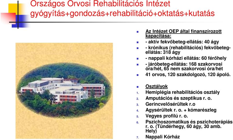 óra/hét, 65 nem szakorvosi óra/hét 41 orvos, 120 szakdolgozó, 120 ápoló. Osztályok 1. Hemiplégia rehabilitációs osztály 2. Amputációs és szeptikus r. o. 3.