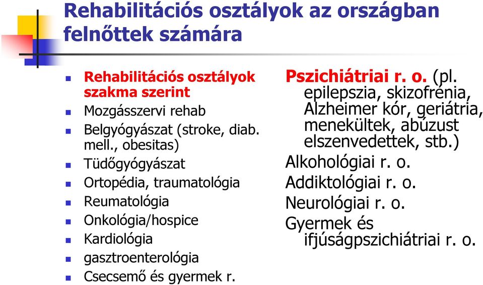 , obesitas) Tüdőgyógyászat Ortopédia, traumatológia Reumatológia Onkológia/hospice Kardiológia gasztroenterológia Csecsemő