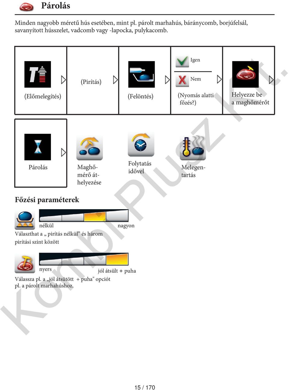 Előmelegítés Párolás Főzési paraméterek Pirítás nélkül Választhat a pirítás nélkül és három pirítási szint között nagyon