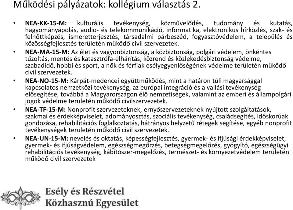 társadalmi párbeszéd, fogyasztóvédelem, a település és közösségfejlesztés területén működő civil szervezetek.